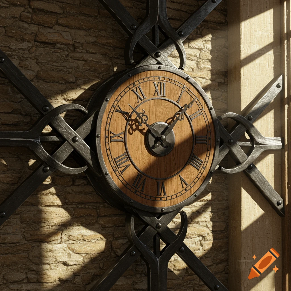 A close-up, photorealistic shot of an ornate clock made of dark metal and light wood, mounted on a stone wall, lit by sunlight.