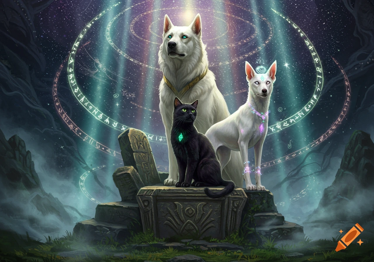 A black cat and two white dogs with glowing eyes and magical jewelry stand on stone ruins under a cosmic sky with glowing runes, in a fantasy art style.