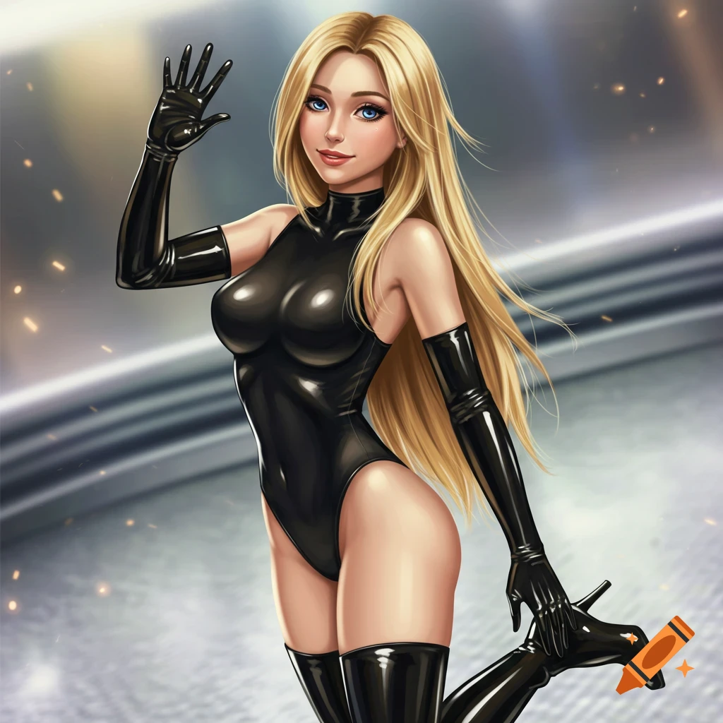 Blonde woman in black latex leotard, long gloves, and thigh-high boots, smiling and waving, anime illustration.