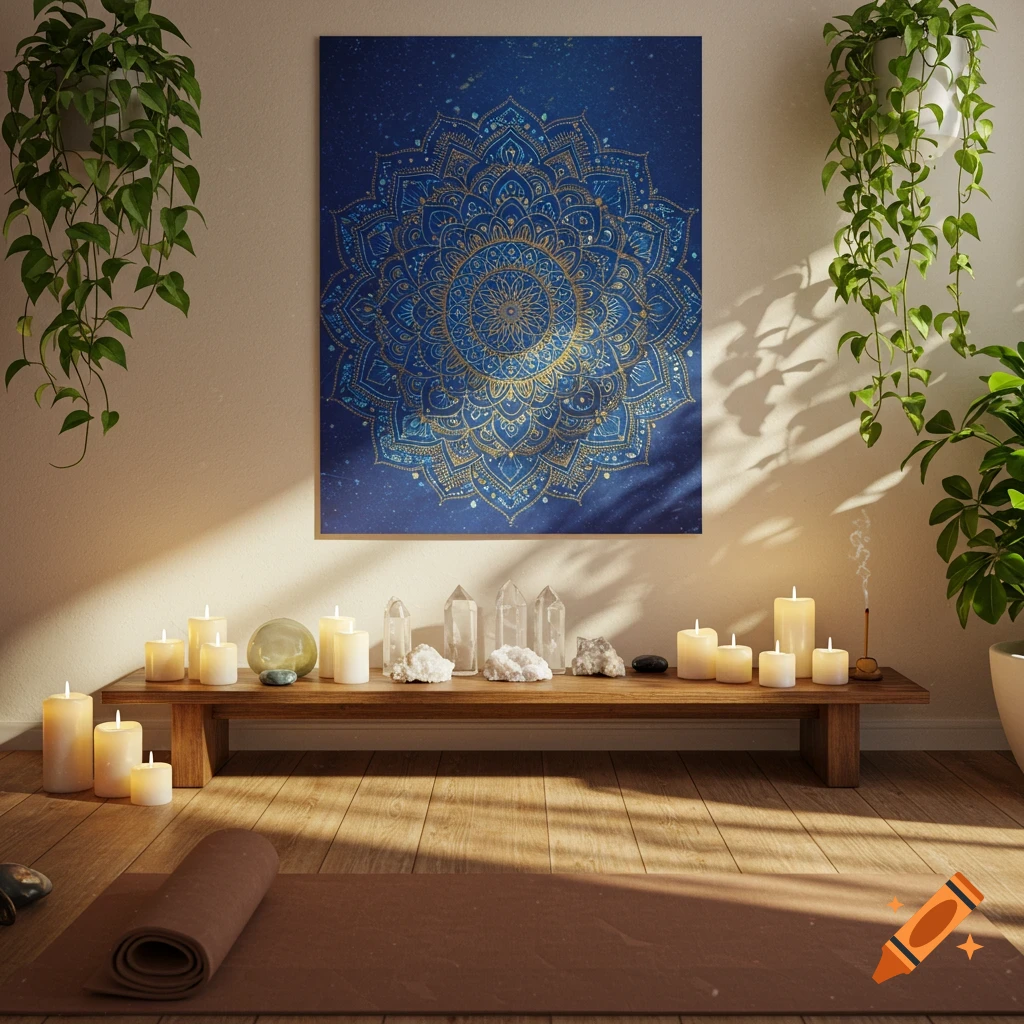 A serene meditation space with a blue mandala poster, green plants, glowing candles, crystals, and a yoga mat.