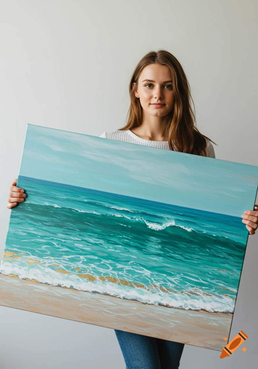 A young woman in a white top and jeans holds a large canvas print of an ocean wave scene with gold accents.