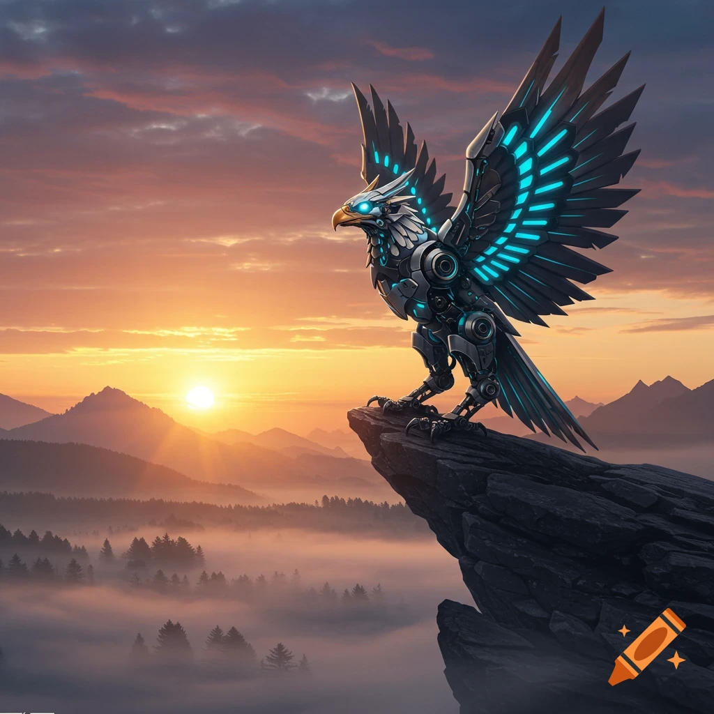 A majestic robotic eagle with glowing blue accents perches on a cliff overlooking a misty mountain valley at sunset.