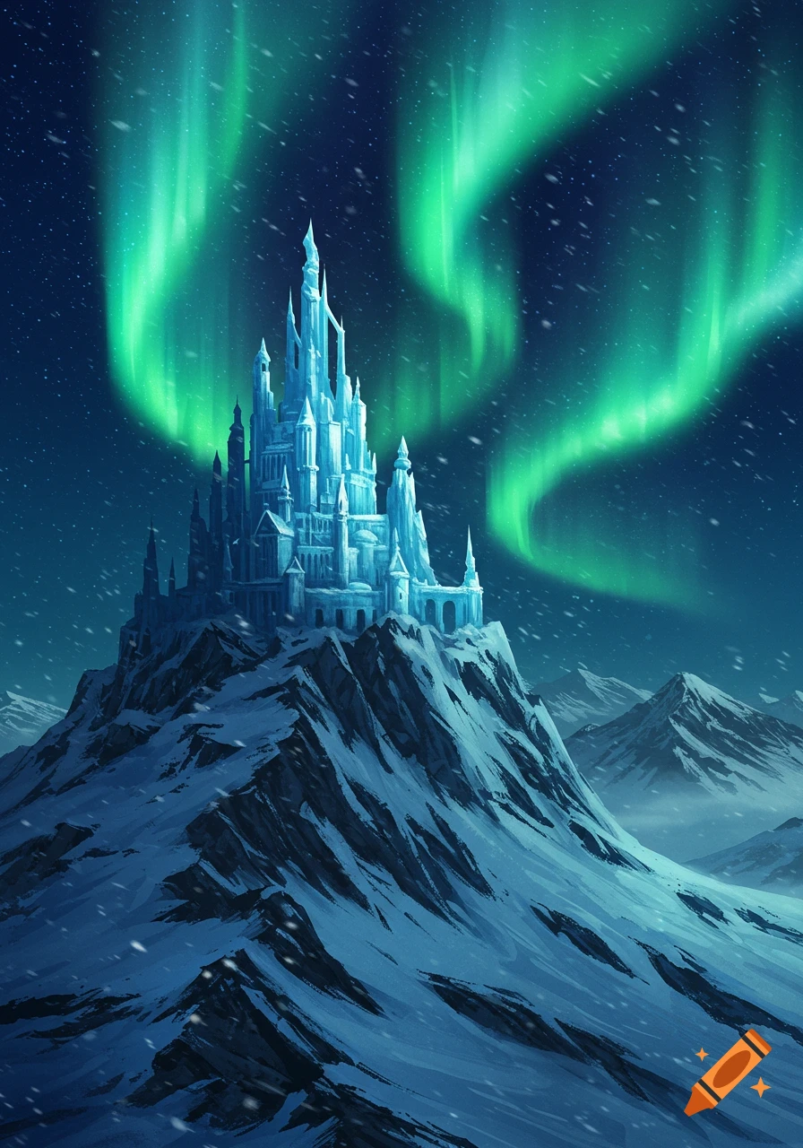 An ice castle sits atop a snow-covered mountain, illuminated by vibrant green aurora borealis in a starry, snowy night.
