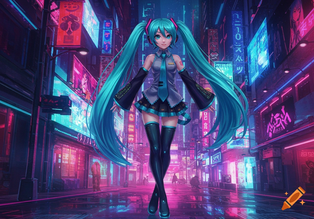 Hatsune Miku stands in a vibrant, neon-lit cyberpunk city street, wearing her signature outfit and long teal pigtails. The style is anime art.