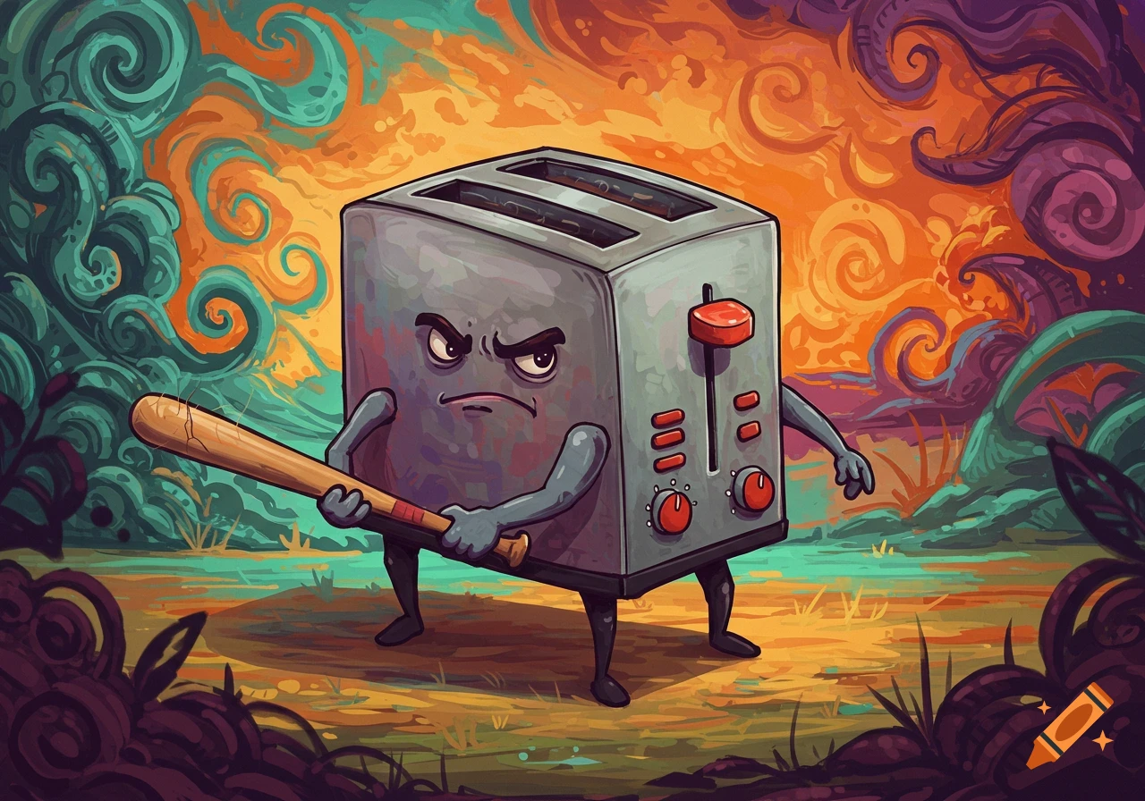 An angry cartoon toaster with arms and legs holds a baseball bat against a vibrant, swirling background.