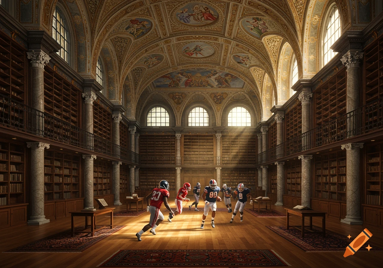 American football players run and play in a grand, ornate library with towering bookshelves, arches, and painted ceilings.