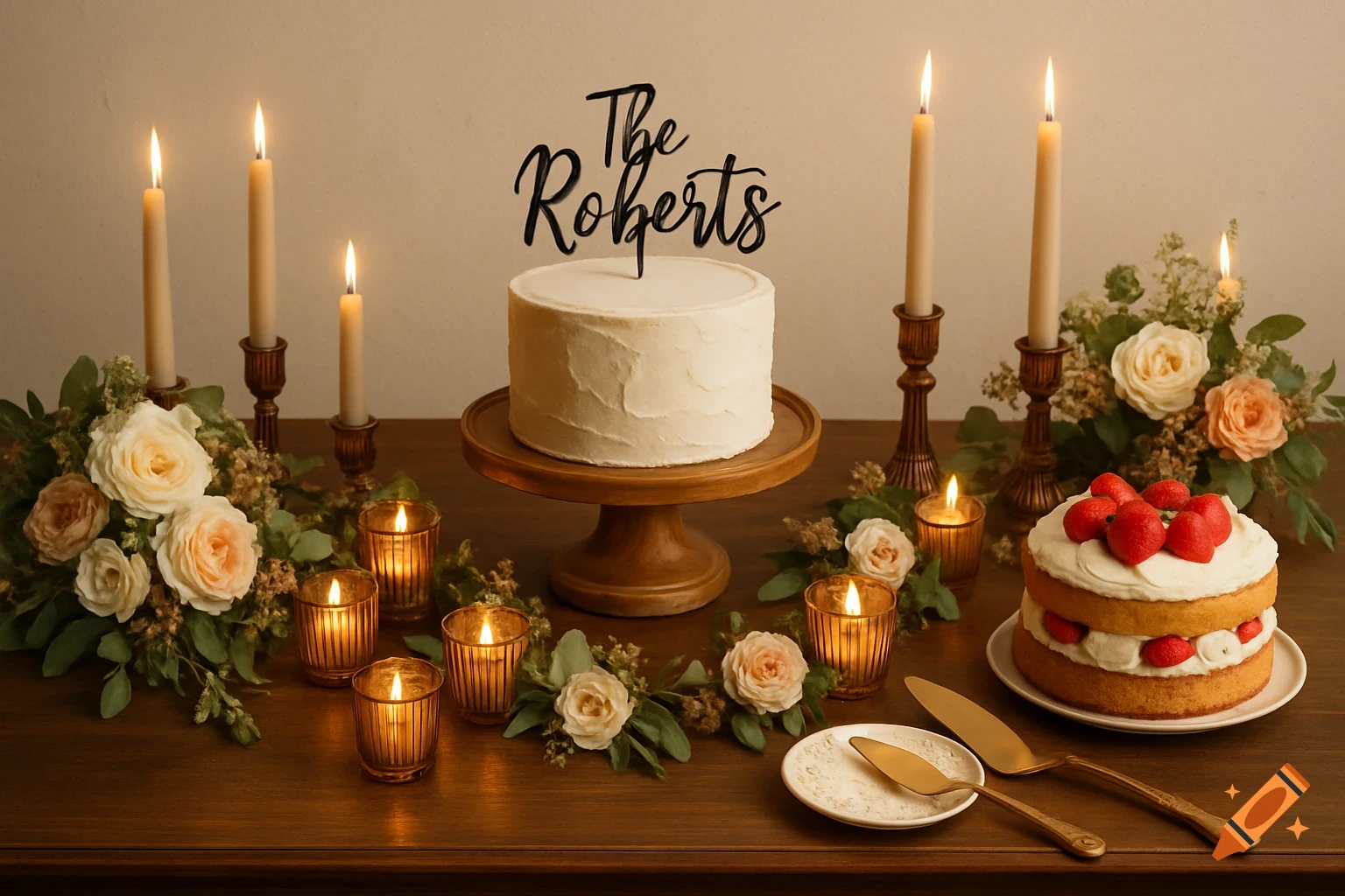 A beautifully styled wedding cake table featuring a white cake with 'The Roberts' topper, a strawberry shortcake, candles, and floral decor.