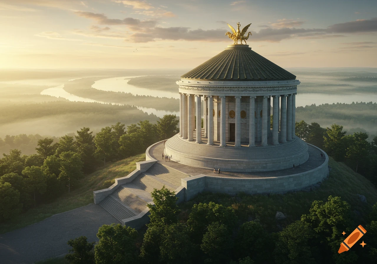 An aerial view of a grand classical monument on a hill overlooking a misty river valley at sunrise.