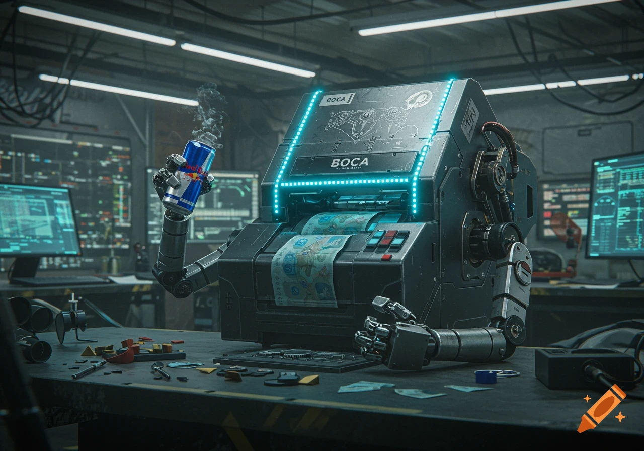 A futuristic, anthropomorphic money printer with robot arms holds a steaming Red Bull can in a cyberpunk workshop.