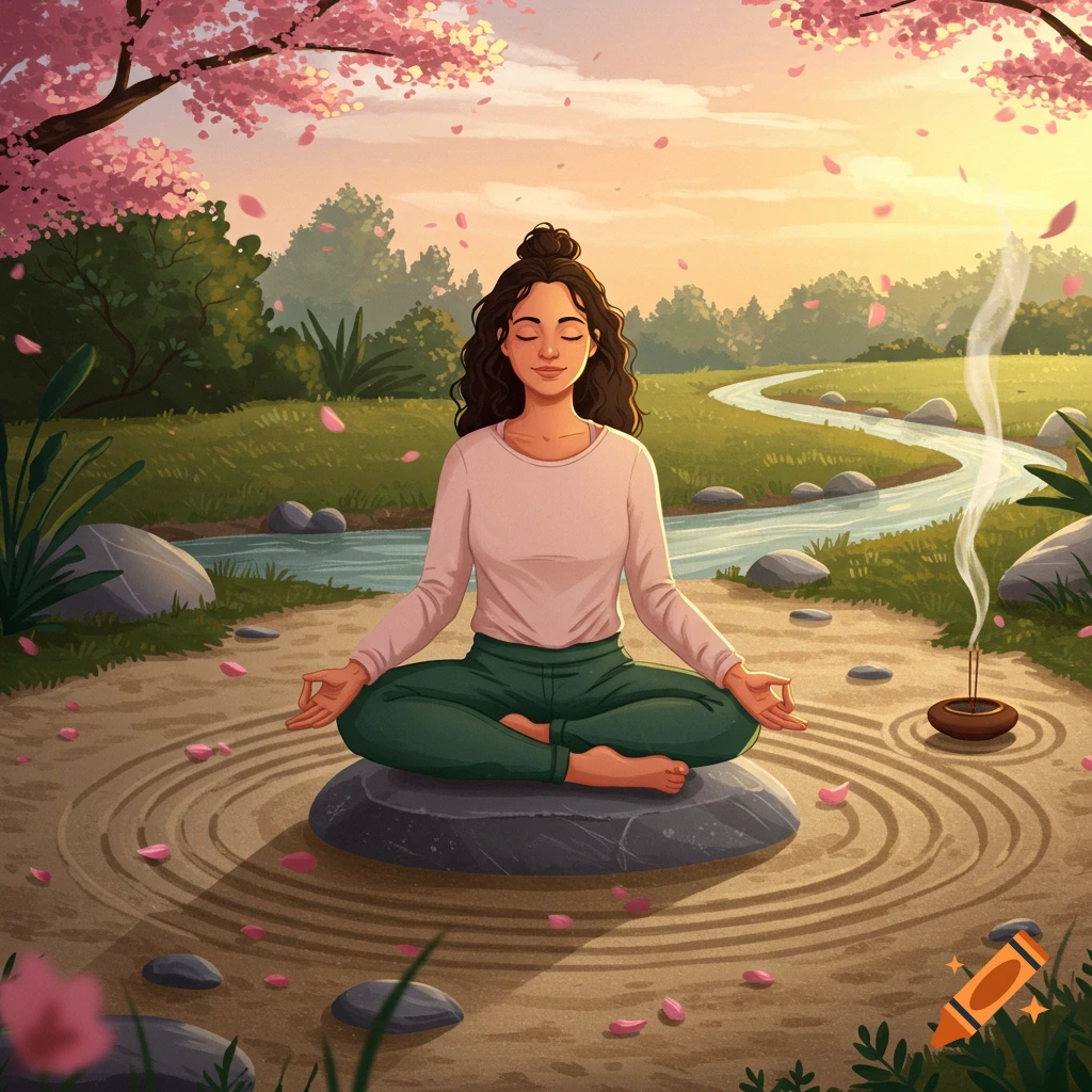A woman meditates in a lotus position on a rock in a serene natural landscape with a winding river, cherry blossoms, and incense, in a beautiful illustration.