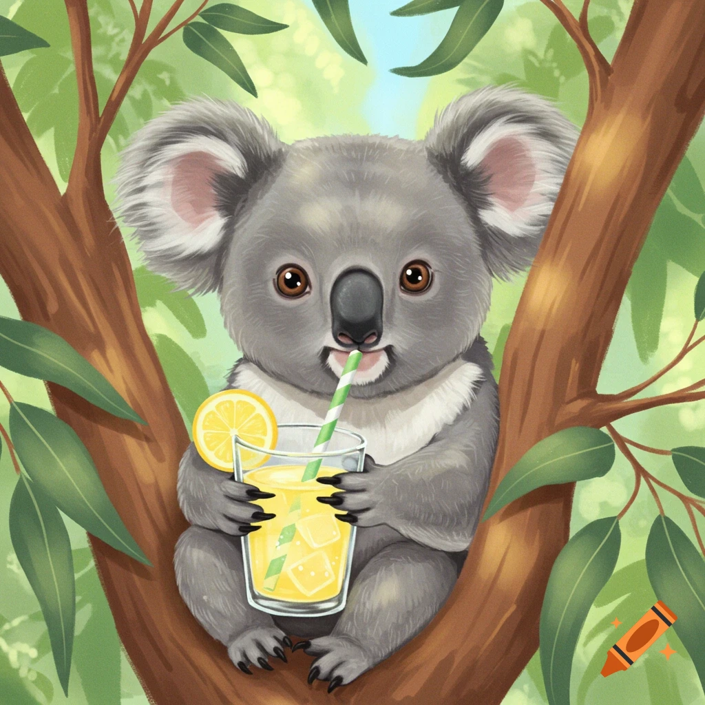 A cute cartoon koala sits in a eucalyptus tree, drinking lemonade with a striped straw, in a bright illustration.