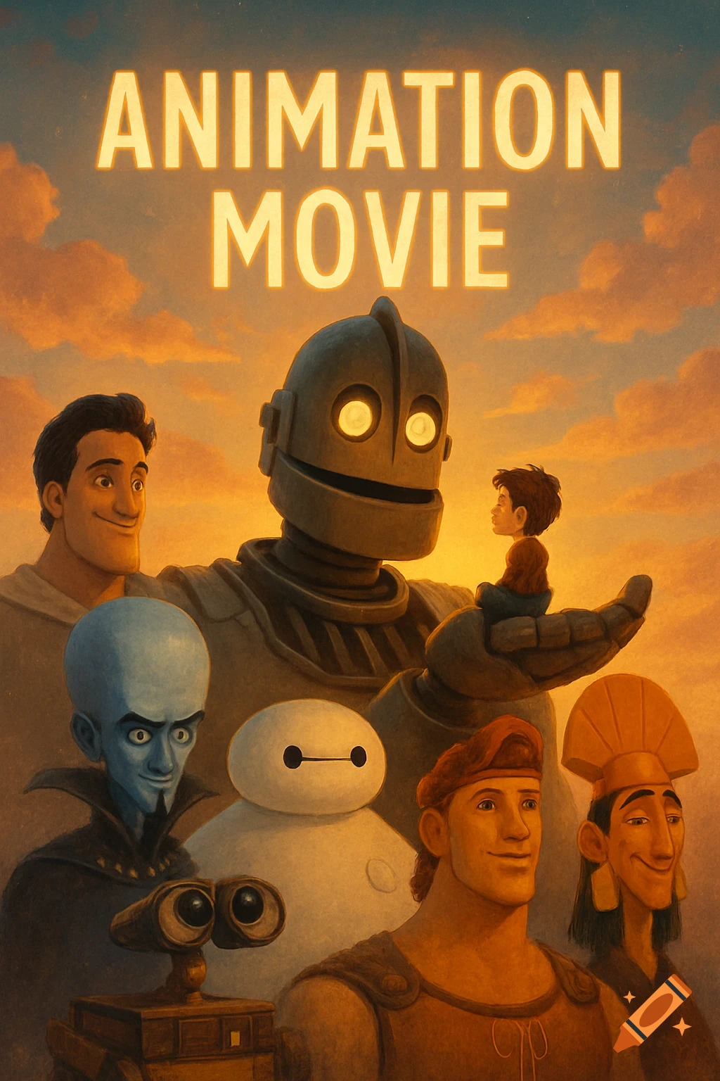 The Iron Giant holds a child, surrounded by animated characters like Megamind, Baymax, Wall-E, and Hercules, under a sunset sky with "ANIMATION MOVIE" text.