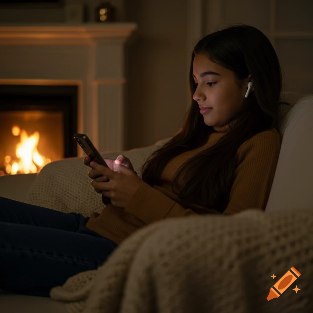 A Hispanic girl with airpods sits on a sofa, looking at her phone by a warm fireplace indoors.