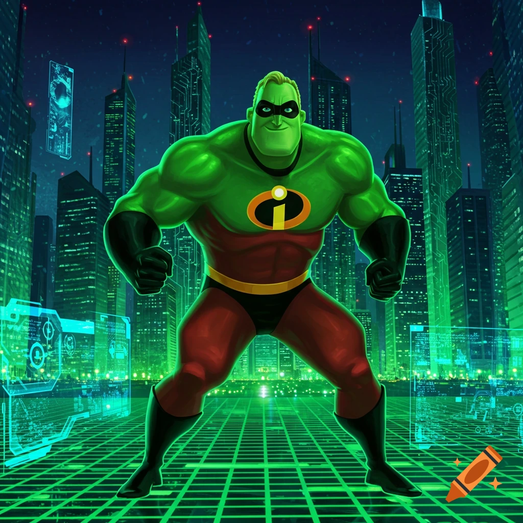 Green Mr. Incredible stands heroically in a futuristic city with glowing green lines.
