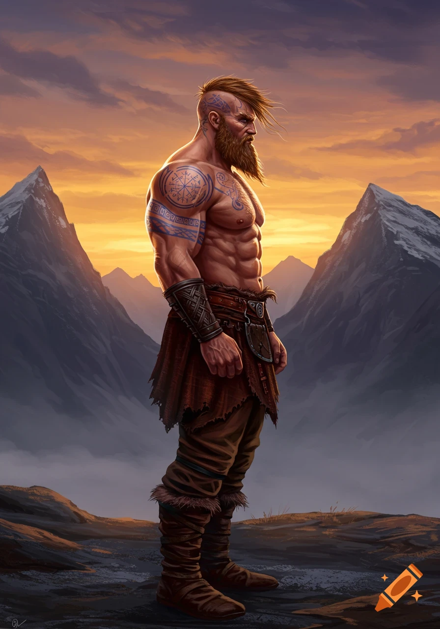 A muscular, bearded Viking warrior with a mohawk and intricate blue tattoos stands shirtless in a mountainous landscape at sunset, wearing fur-lined boots and a tattered skirt.