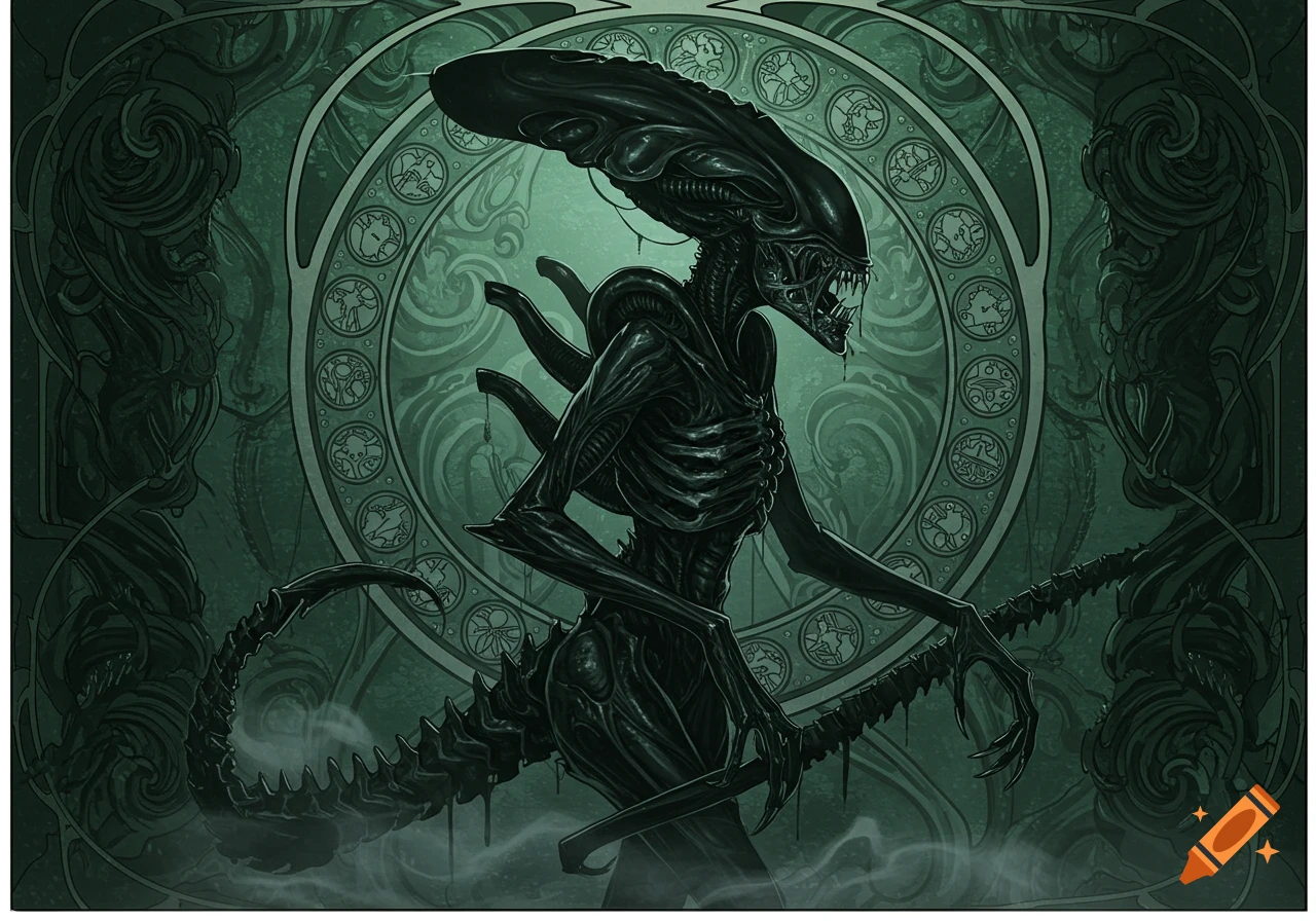 Art Nouveau style Xenomorph Queen, dark and skeletal, with an elongated head, sharp claws, and dripping acid, against an elaborate circular green background.