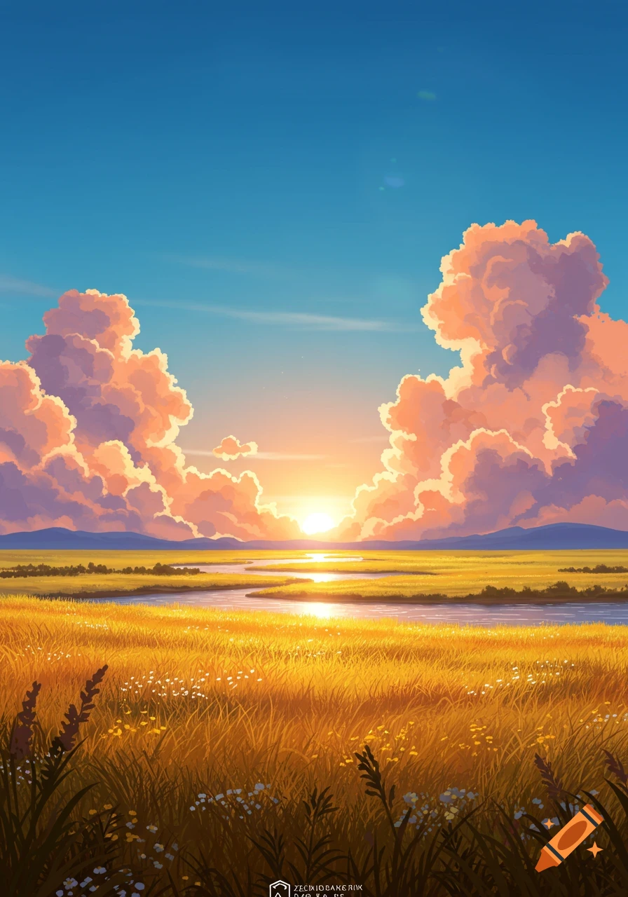 Vibrant anime-style landscape of a sunset over a golden field with a winding river and large, glowing clouds under a clear blue sky.