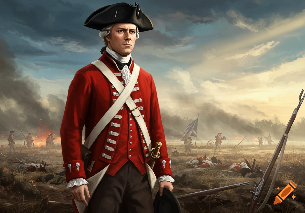 A British Redcoat soldier stands on a smoky battlefield with fallen soldiers, a rifle, and a flag in the background, painted in a realistic style.