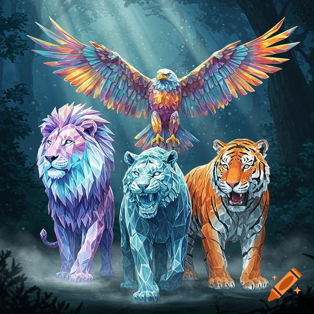 A purple crystal lion, blue crystal tiger, and orange tiger walk in a mystical forest, with a colorful crystal eagle flying above.