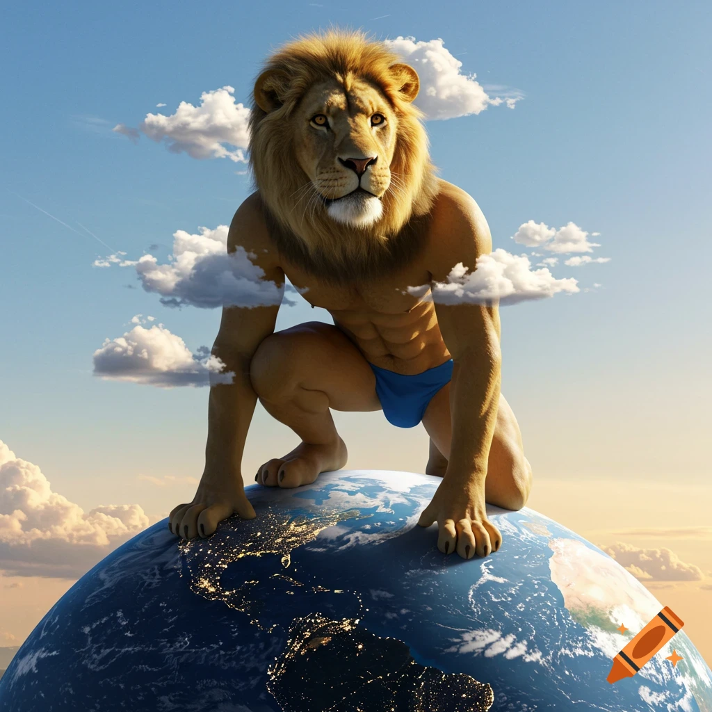 Photorealistic gigantic anthropomorphic lion in a blue speedo kneeling on the Earth, towering into the sky.