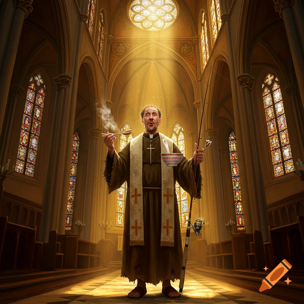 A humorous painting of a middle-aged man in a low-budget priest costume, holding a smoking pipe, a bowl of ramen, and a fishing rod, inside a grand cathedral with sunlight streaming through stained glass, in a romanticism painting style.
