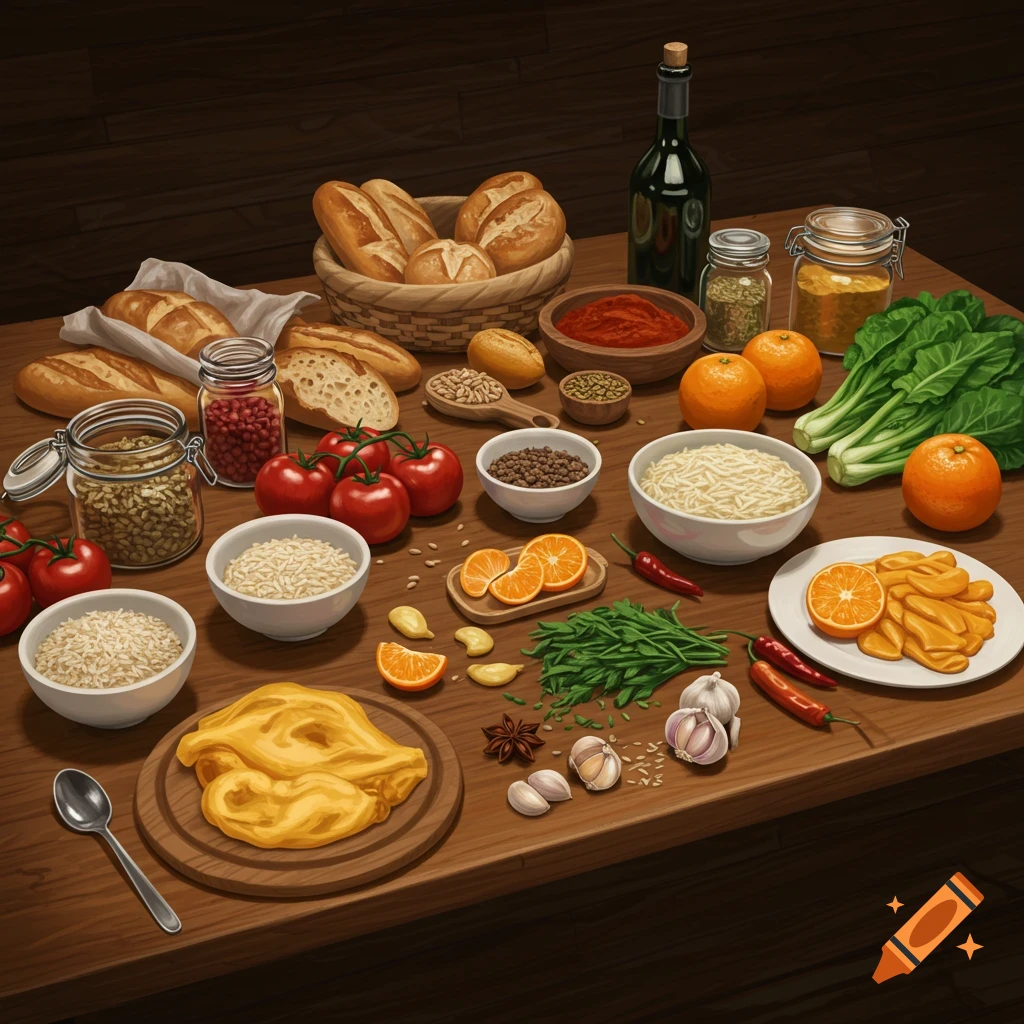 An illustrative overhead view of a rustic wooden table filled with an assortment of food ingredients like bread, tomatoes, oranges, spices, and rice.