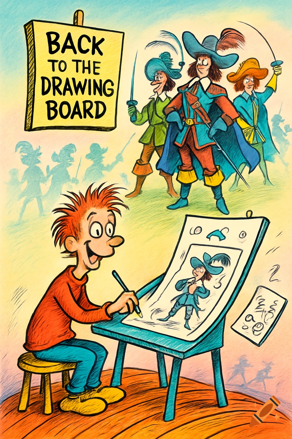 Whimsical cartoon of an artist drawing a musketeer, with a sign saying 'BACK TO THE DRAWING BOARD' and more musketeers in the background.