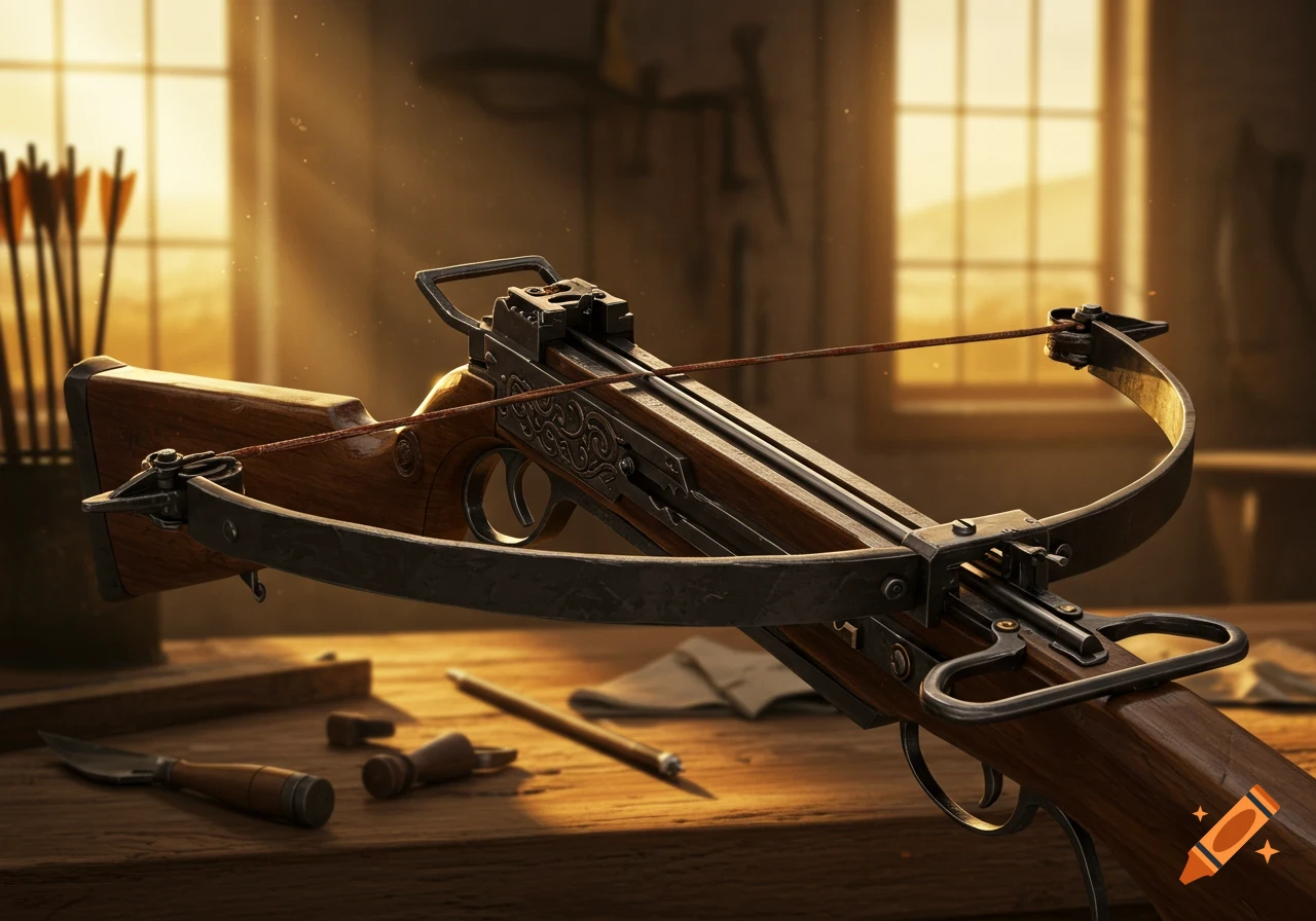 A photorealistic close-up of a crossbow on a wooden workbench, with arrows and tools in the background, bathed in warm light.