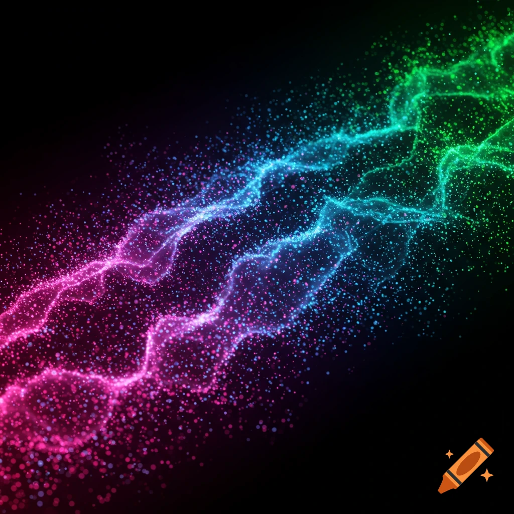 Abstract digital art of glowing pink, blue, and green particle streams against a dark background.