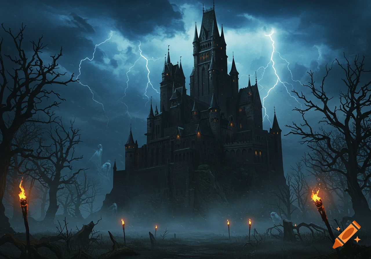 A towering gothic castle under a stormy, lightning-filled sky, surrounded by bare trees and glowing torches.