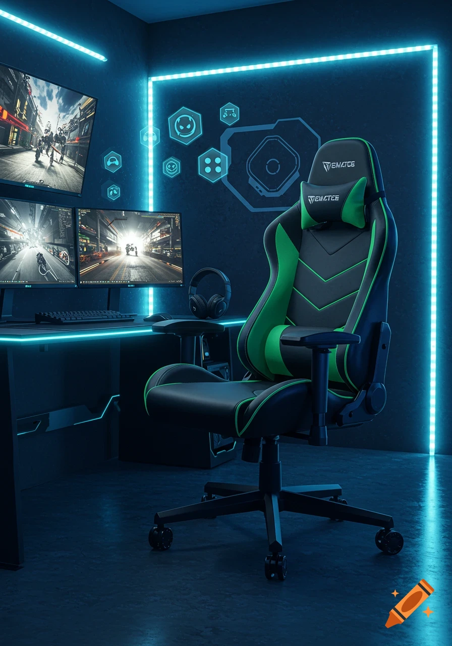 A black and green gaming chair in a dark room with blue neon lighting, a desk with multiple monitors showing game scenes, and headphones.
