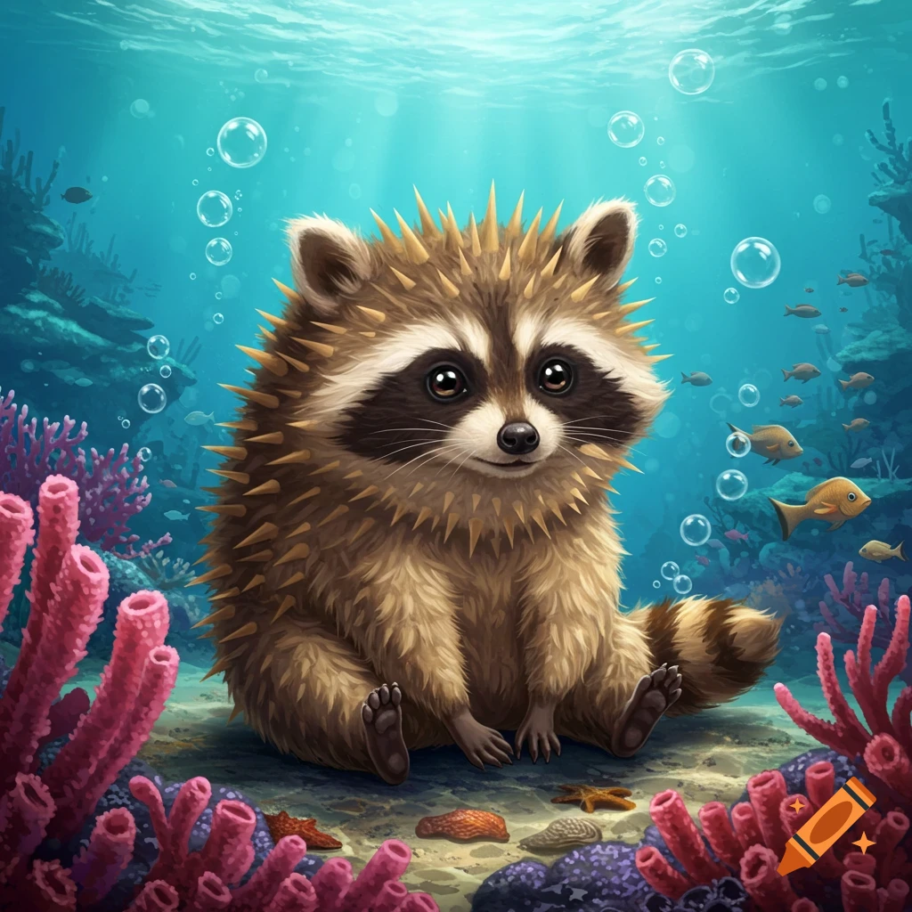 A fluffy raccoon with pufferfish spikes sits on the ocean floor amidst pink coral, surrounded by bubbles and small fish.