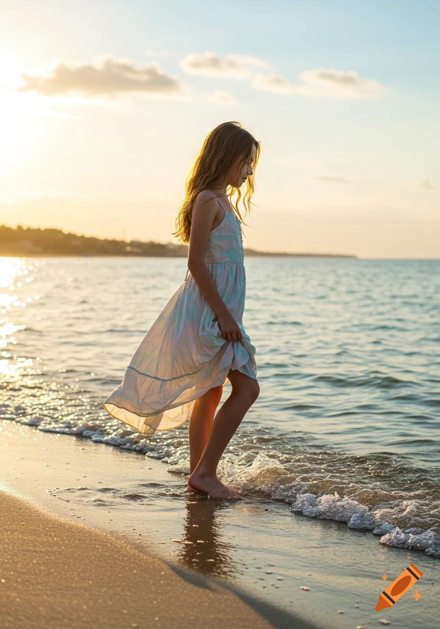 A young girl in a dress stands on a sandy beach at the edge of the ocean, bathed in golden light during sunset.