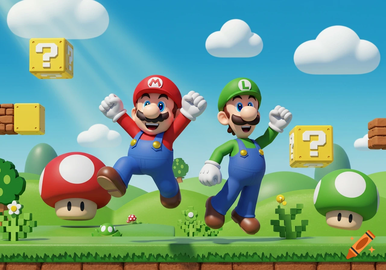 Mario and Luigi jump through a vibrant Super Mario Bros. landscape with question mark blocks and mushrooms.