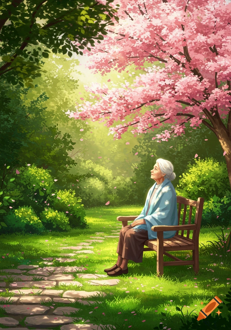 An elderly woman sits on a wooden bench in a sunlit garden with pink cherry blossoms, looking up. Illustrated style.