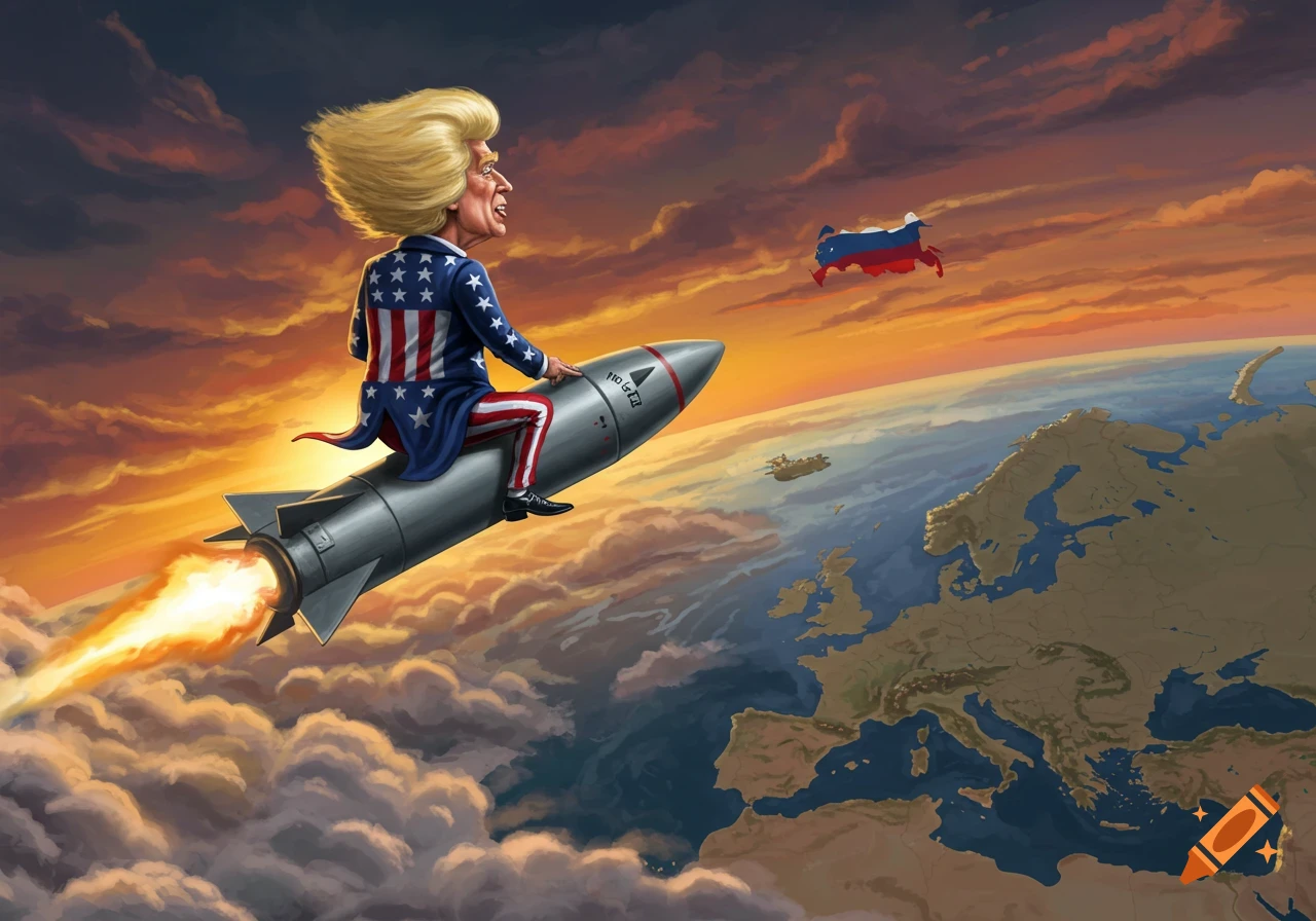 Caricature of a blond man in a USA-themed suit riding a missile high above Earth, flying towards a flag-shaped Russia.