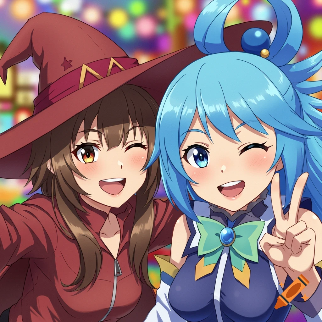 Two anime girls, Megumin and Aqua, smiling and winking. Megumin wears a witch hat, Aqua has blue hair and makes a peace sign.
