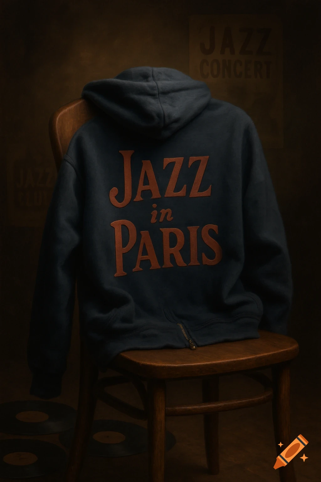 A photorealistic image of a dark blue hoodie with 'JAZZ in PARIS' on the back, draped over a wooden chair, with vinyl records on the floor.