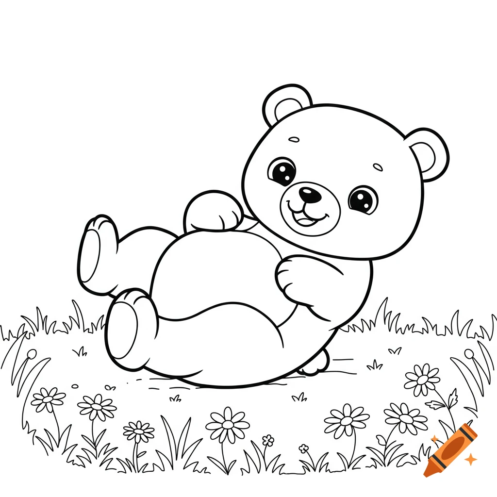 A cute cartoon bear lying on grass with flowers, smiling, rendered as a black-and-white coloring page.