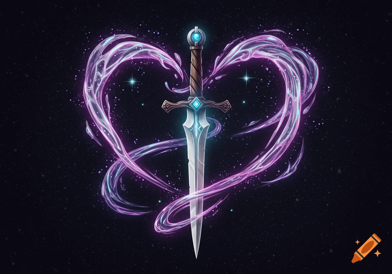 A detailed fantasy sword with a blue gem, surrounded by glowing purple and blue magical energy forming a heart shape against a dark, speckled background.