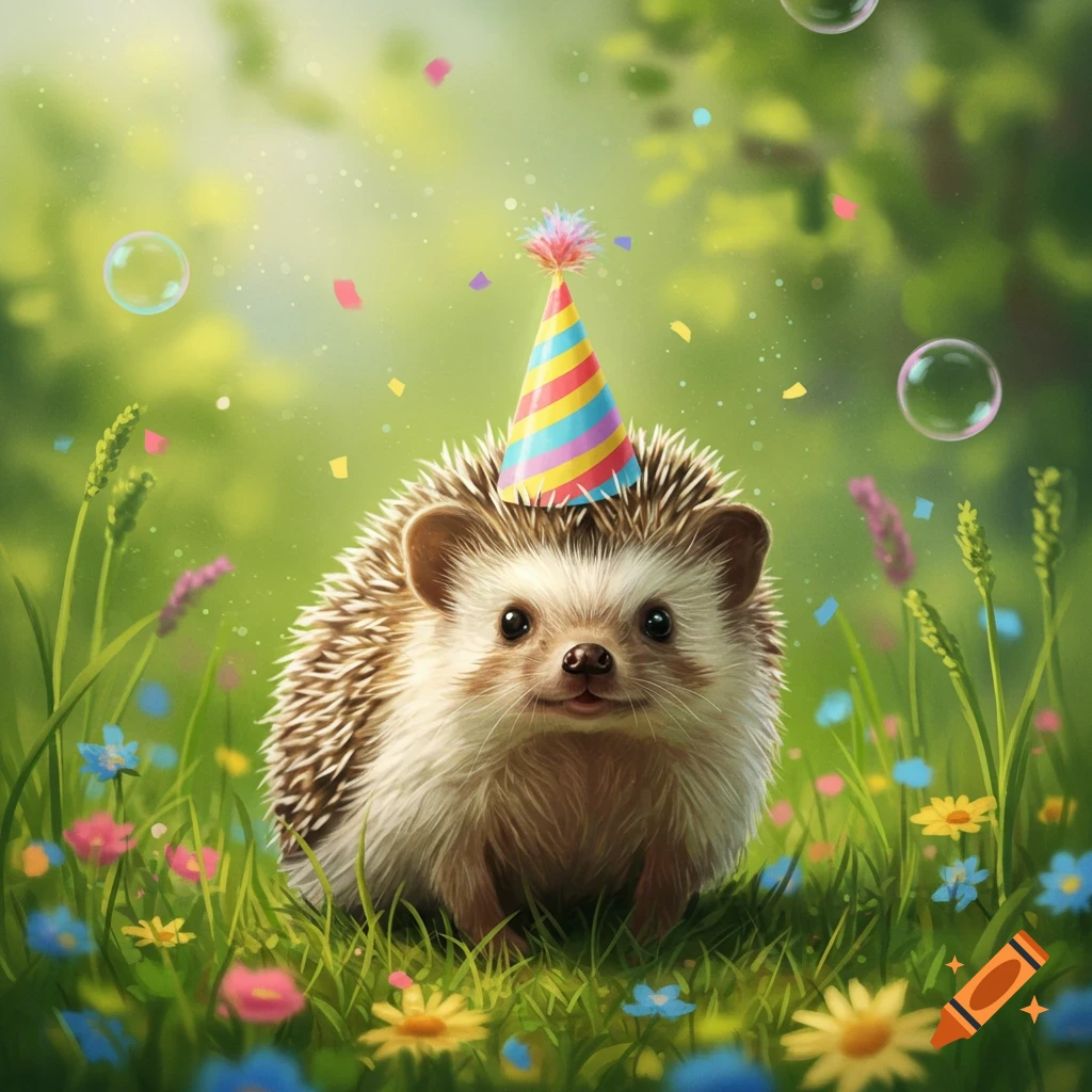 A cute hedgehog wearing a colorful striped party hat sits in a vibrant green field with flowers, falling confetti, and floating bubbles.