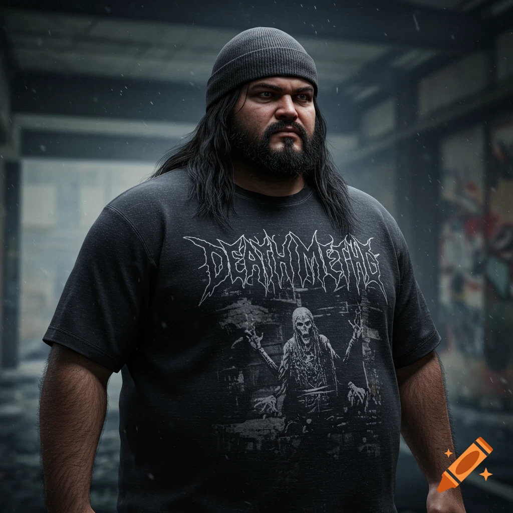 A photorealistic portrait of an overweight man with long black hair, a beard, and a beanie, wearing a 'Death Metal' t-shirt in an urban setting.