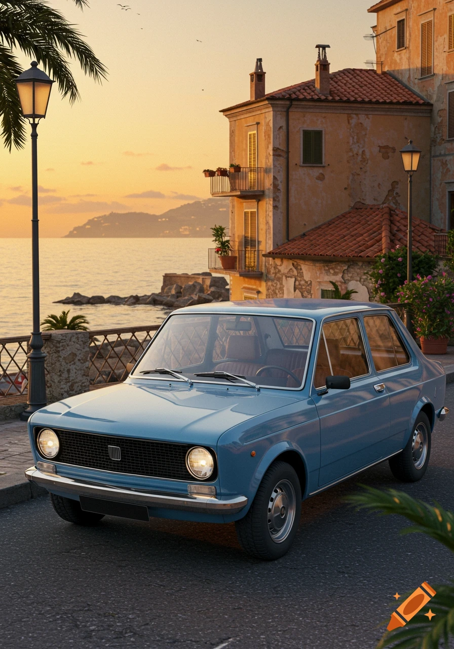 A light blue classic Fiat 128 car is parked on a coastal road at sunset, with old buildings and the sea in the background.