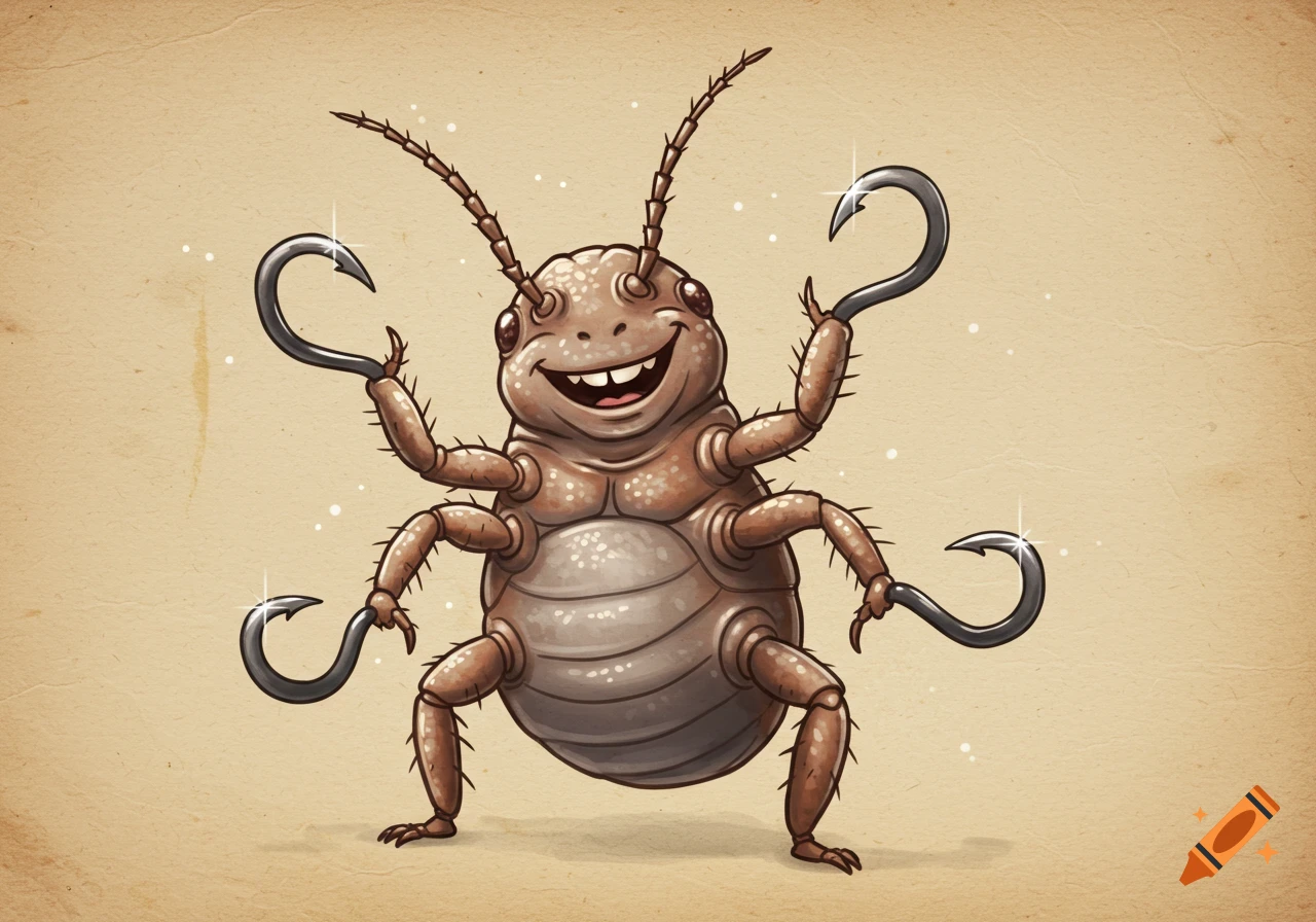 A smiling, cartoonish brown insect with six legs, each ending in a shiny black fish hook, against a textured light brown background.