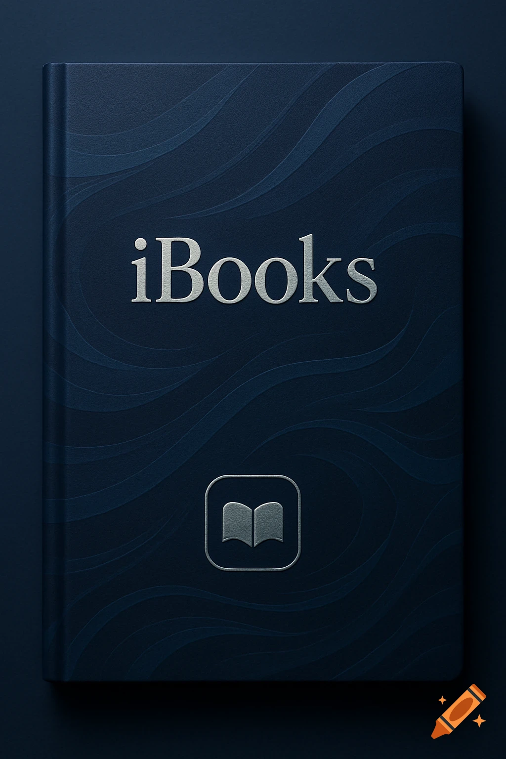 A dark blue book cover with a wavy pattern, featuring 'iBooks' in silver text and a silver open book icon.