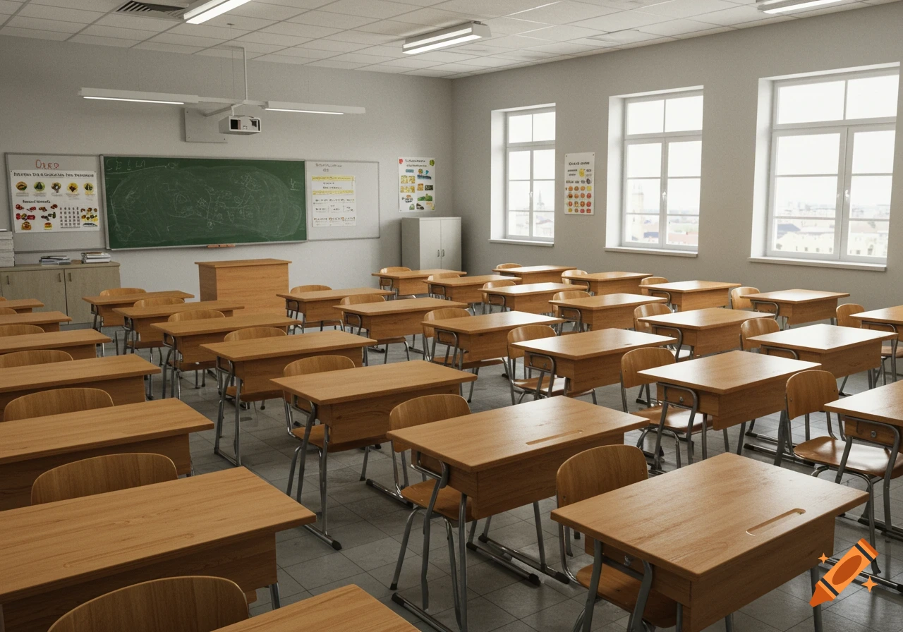 An empty, bright classroom with rows of wooden desks, a green blackboard, and large windows looking out onto a city.
