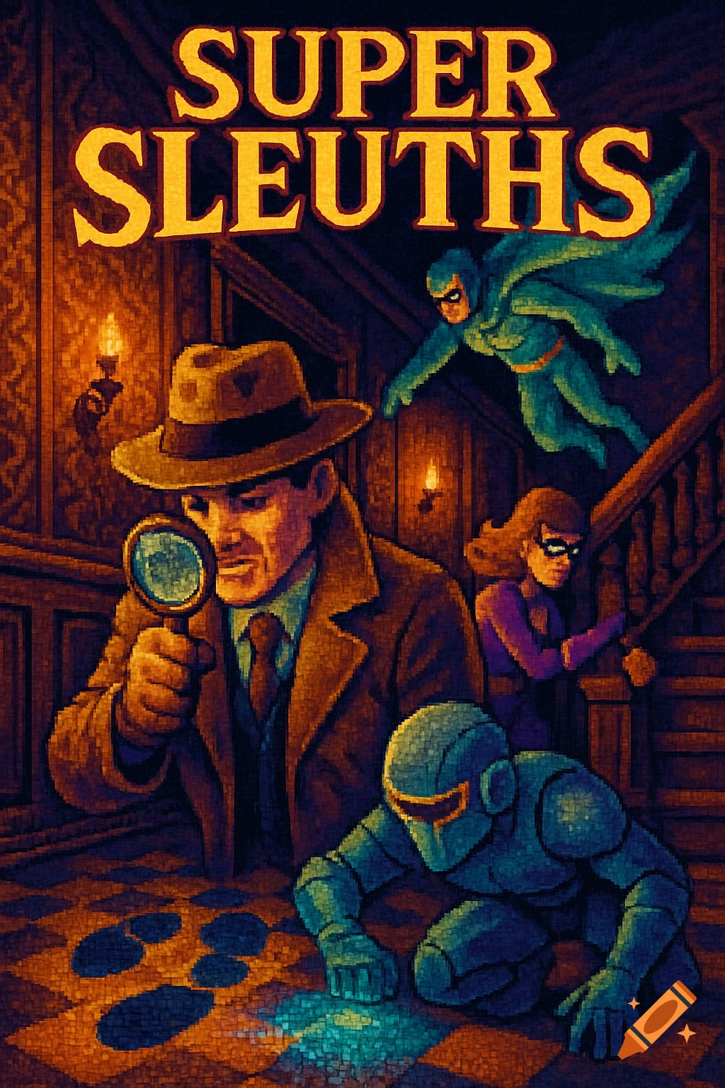 16-bit pixel art videogame cover for 'Super Sleuths' showing detectives and superheroes investigating a mansion hallway.