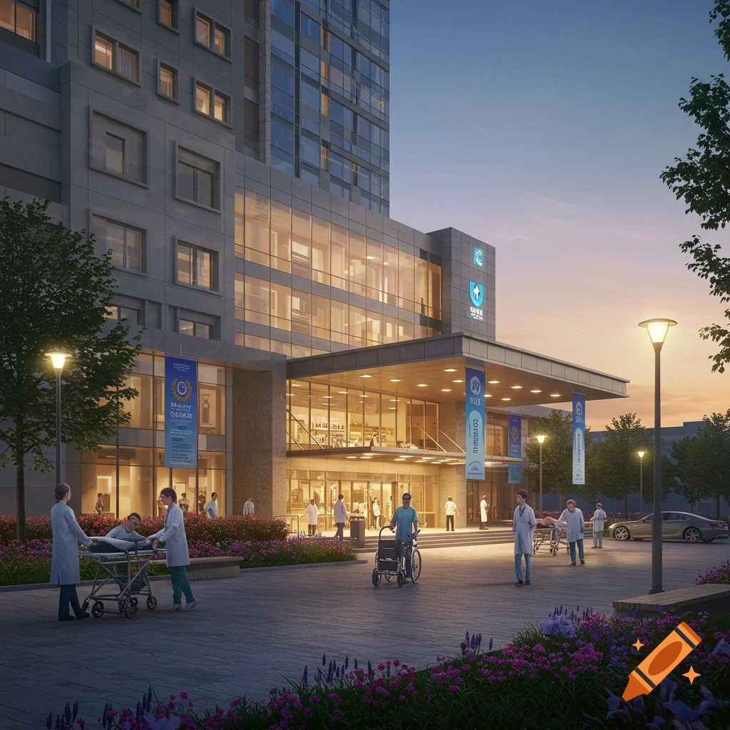 A modern hospital building entrance at dusk, with medical staff and patients outside, surrounded by trees and flowering bushes.