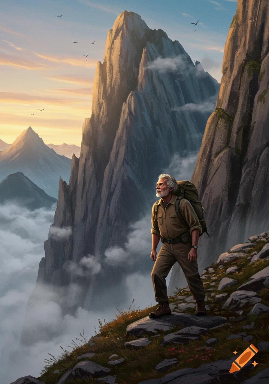 An older man with a beard and backpack hikes on a rocky mountain path, looking up at a towering peak under a sunset sky.