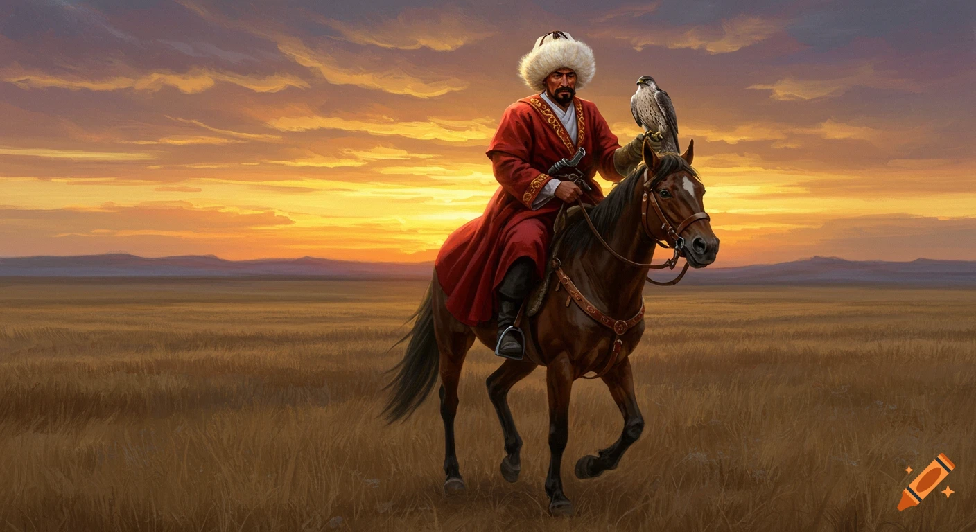 A majestic painting of an ancient Turkmen warrior on horseback, holding a falcon, against a vibrant sunset over a vast steppe.
